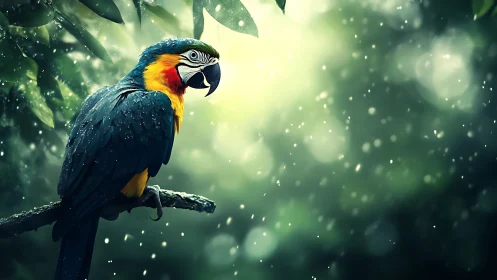 Vibrant Blue-and-Yellow Macaw in Lush Rainforest, Photorealistic Style.