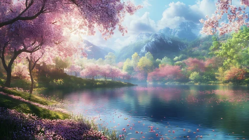 Spring blossom lake with distant snowy mountains at sunrise.