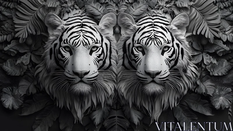 Twin White Tigers in Monochrome Jungle, Surreal Digital Art.