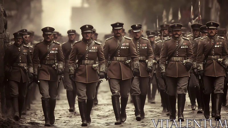 Historic military officers marching in formation on street.