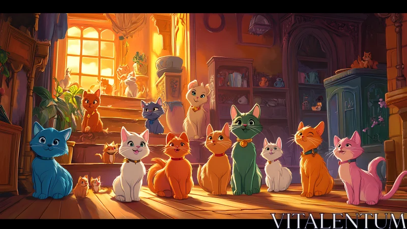 Colorful Cats Gather in Golden Sunlit Room.