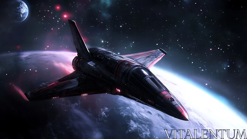 Sleek starfighter gliding over luminous planetary horizon.