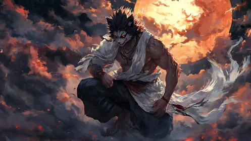 Anthropomorphic warrior figure before large glowing moon.