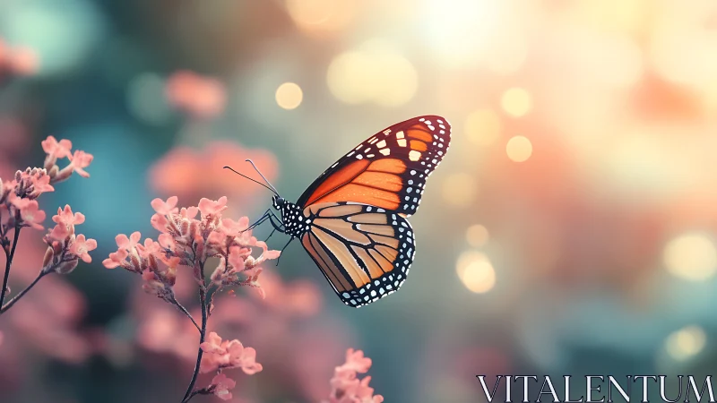 Monarch butterfly poised on pastel blossoms at sunrise.