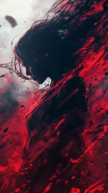 Crimson silhouette flows through swirling liquid shadows