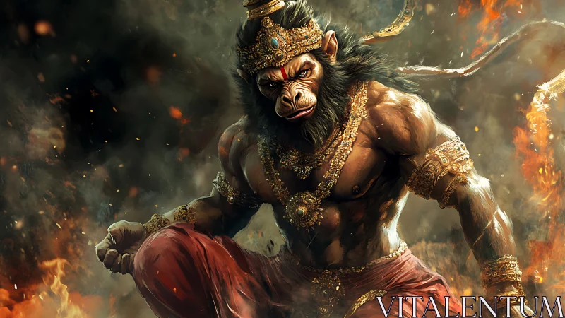 Fierce mythic monkey warrior amid swirling embers poised.