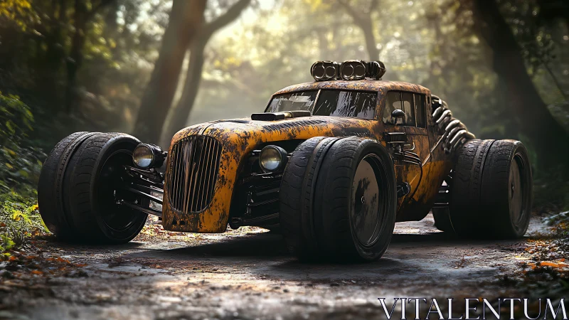 Rustic custom hot rod car on forest path in soft light.