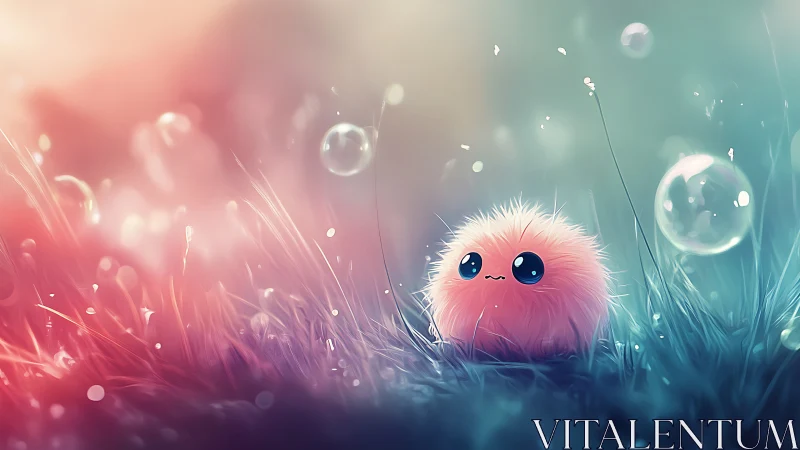 Soft pastel puff creature under dreamy glowing bubbles.