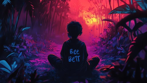 Silhouetted youth observes neon sunset in stylized jungle path