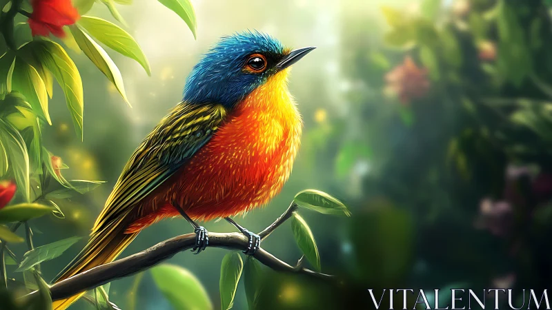 Vivid blue and orange songbird in sunlit forest, digital art style.