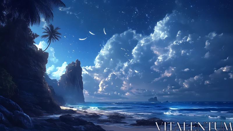 Tropical Cliffs Under Starlit Dusk Over Turbulent Sea.