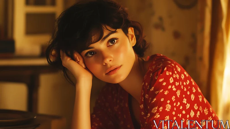 Soft evening daydreams with a thoughtful woman in red.