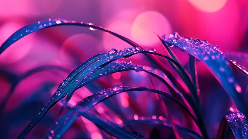 Neon dew on twilight leaves in a dreamy magenta glow.