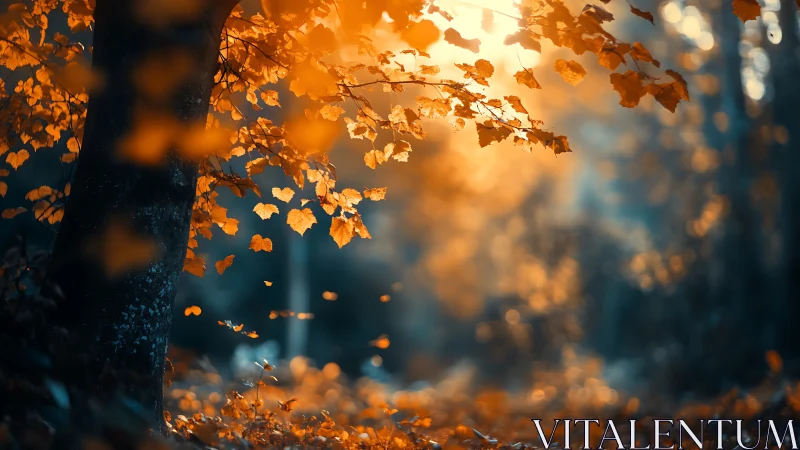 Golden autumn sunlight gently warms a quiet forest path