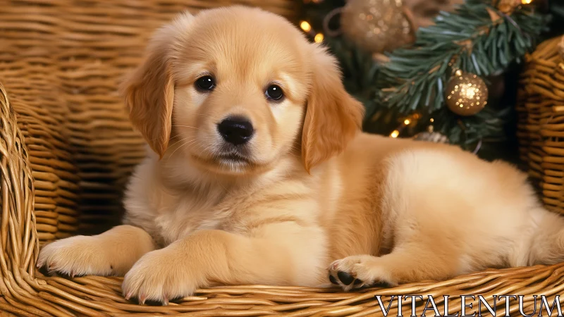 Photorealistic golden retriever puppy in woven basket portrait.