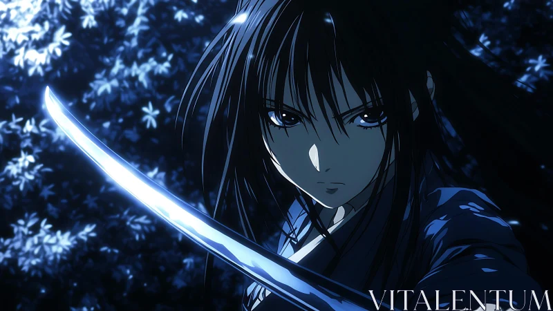 Moonlit katana vow in a midnight forest of frozen leaves.