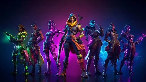 Team of neon-lit futuristic warriors in dramatic lineup.