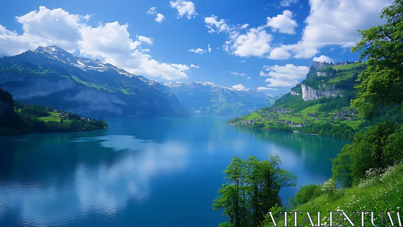 Mountain lake valley glows beneath bright summer skies.