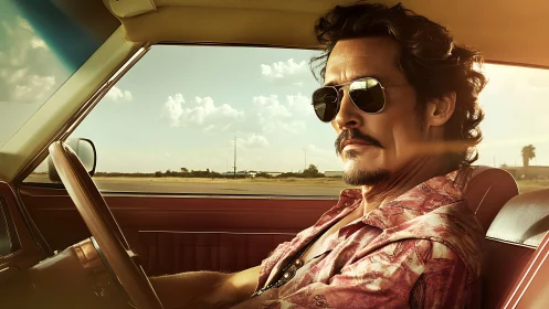 Sunlit road trip driver soaking in the open highway calm.