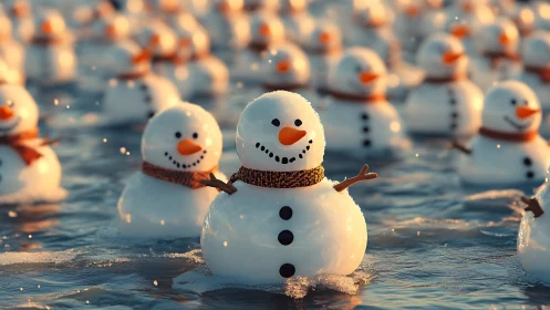 Smiling snowmen floating together on a sunlit icy lake.