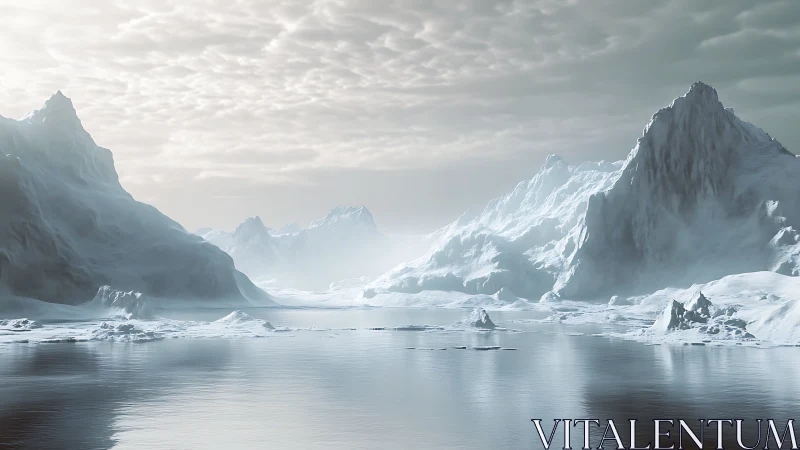 Silent ice colossi guard a glassy polar twilight bay.