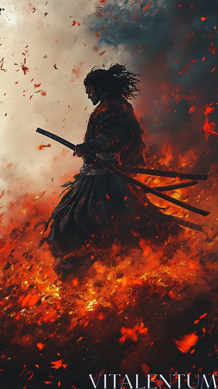 Silhouetted samurai figure walks through dense surrounding fire