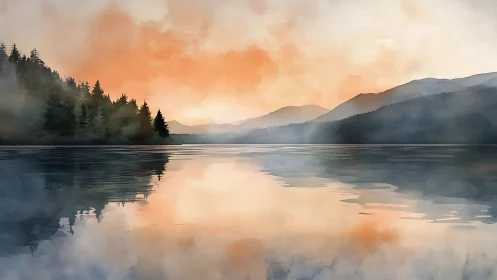 Mist-laden alpine lake at sunrise with soft watercolor diffusion