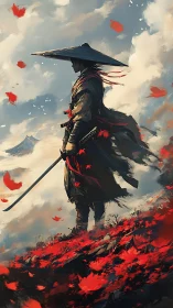 Lone ronin stands over crimson leaves in a mountain wind.