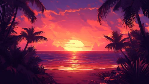 Tropical shoreline sunset framed by silhouetted palm trees.
