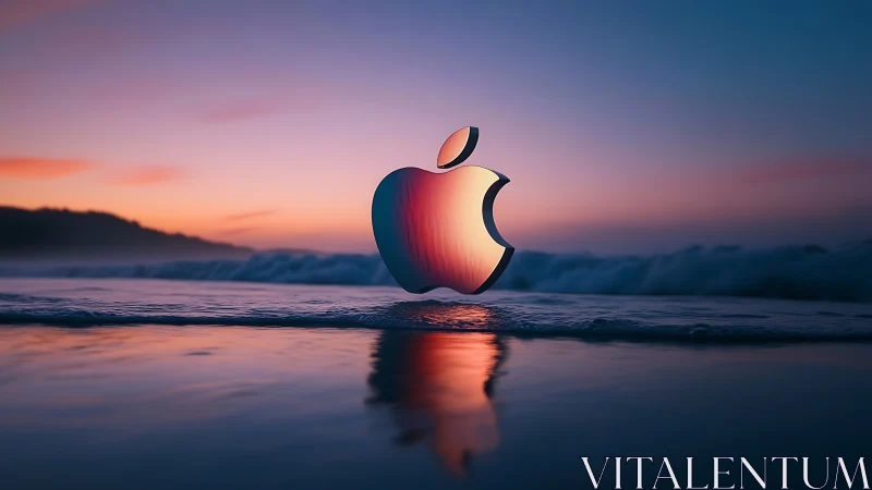 Apple logo sculpture on reflective beach at sunset.