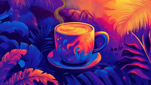 Glowing jungle coffee cup wrapped in dreamy neon color.