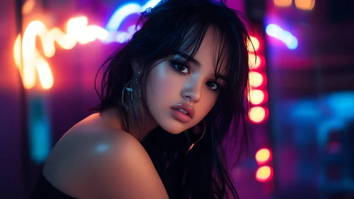 Neon-lit digital portrait with shallow depth, glossy skin rendering