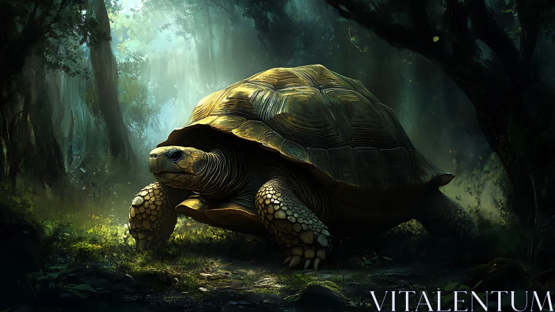 Large forest tortoise in dim green woodland environment.