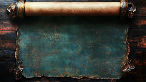 Ornate vintage scroll displays blank patinated teal parchment