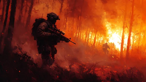 Soldier navigates intense forest inferno with tactical precision