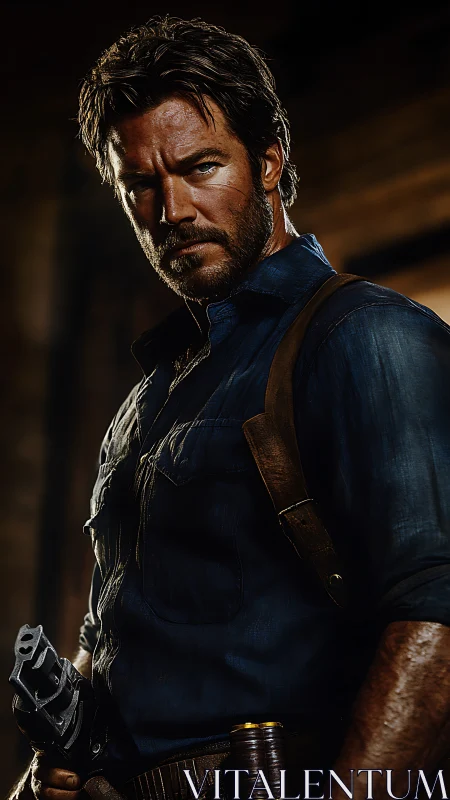 Cinematic gunslinger portrait under directional rim lighting.