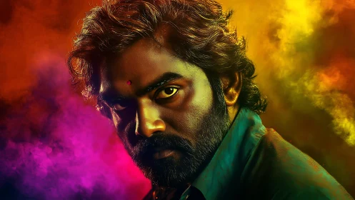 Intense male portrait with high contrast lighting and chromatic smoke