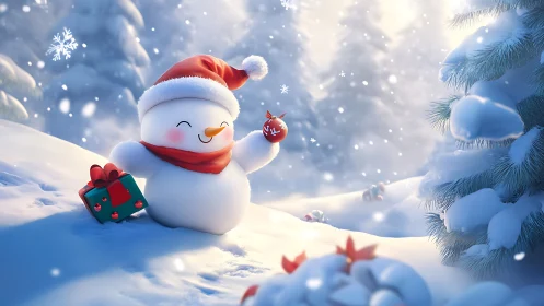 Smiling snowman celebrates Christmas in a glowing winter forest.