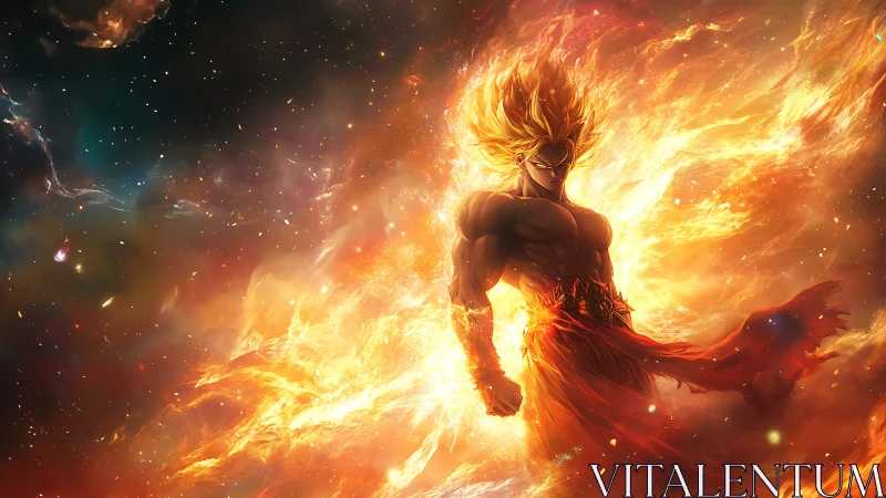 Flaming cosmic warrior emerges within swirling starlit inferno.