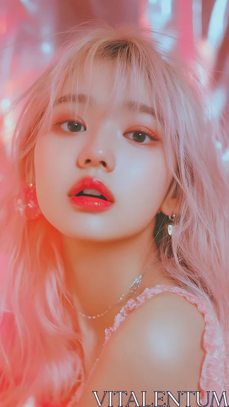 Luminous pastel portrait in neon pink studio glow.