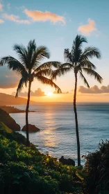 Tropical palm trees frame vivid ocean sunset horizon.