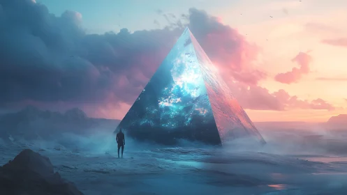Luminescent glass pyramid dominates a misted alien shoreline