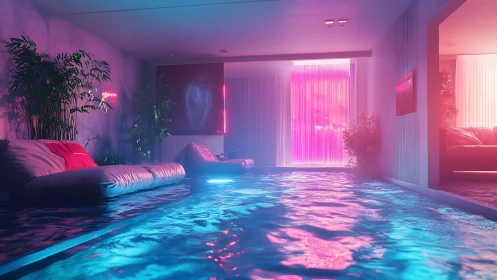 Neon-lit indoor pool lounge with futuristic ambient glow.