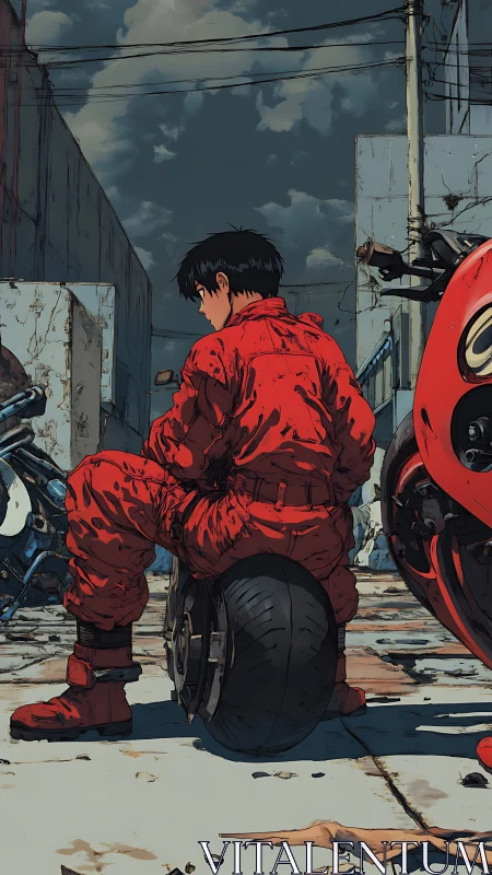 Youth in red riding suit on discarded motorcycle wheel, alley