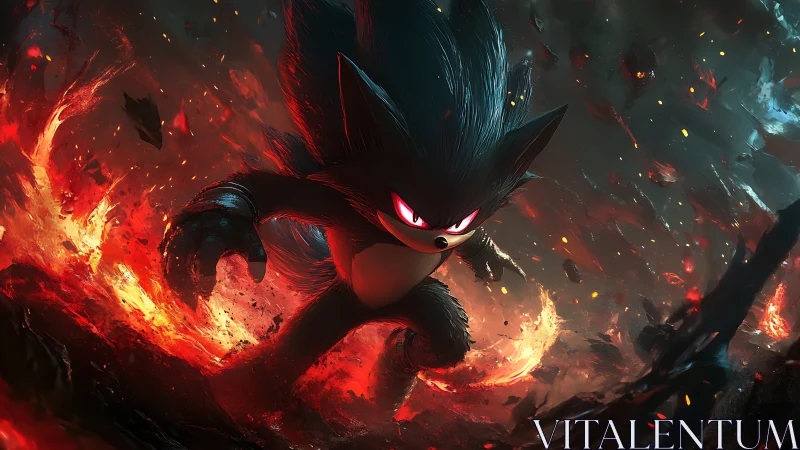 Dark hedgehog warrior charges through erupting firestorm.