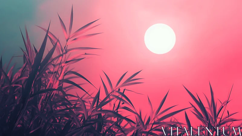 Backlit reed silhouettes cut into neon bicolor synthetic sunset