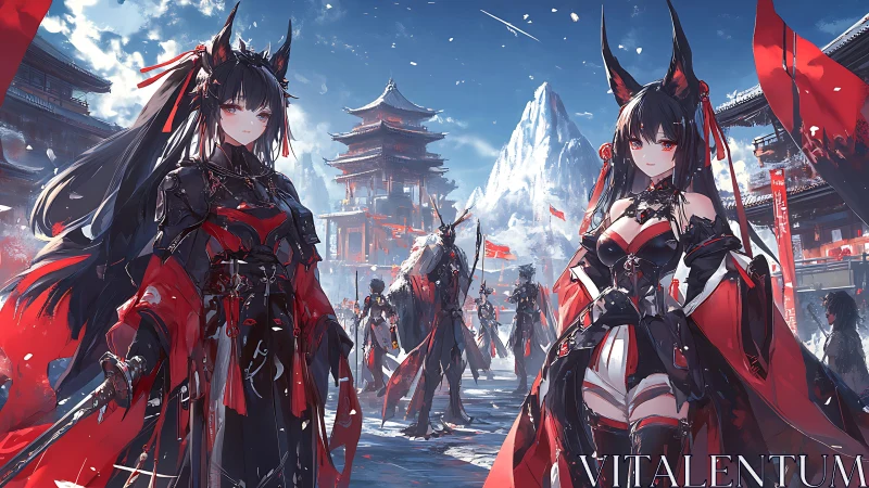 Fox-eared warrior twins in red armor in snowy citadel.