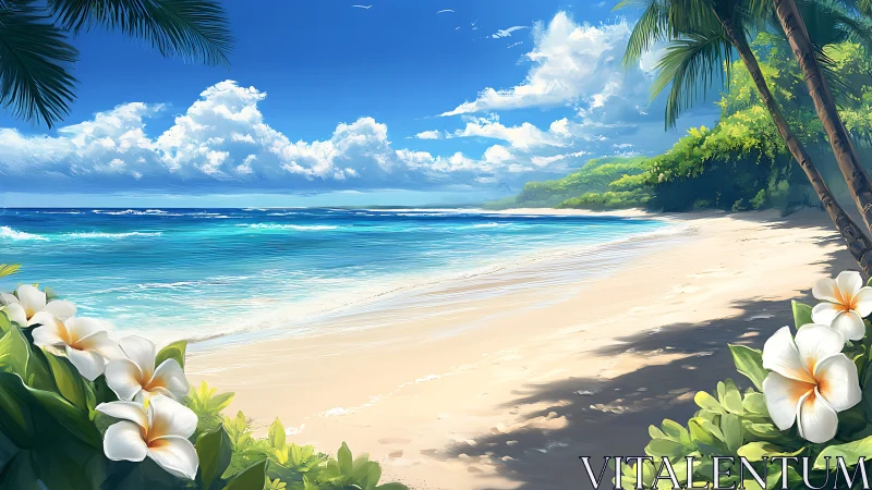 Tropical Shoreline with Plumerias: 3D Rendered Idyllic Beach Paradise