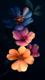 Three Radiant Flowers Against Darkness.
