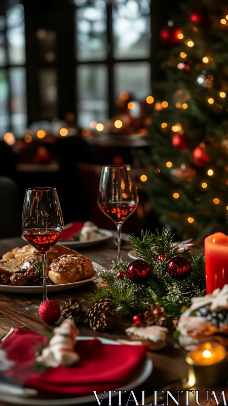 Low-light festive tablescape with bokeh-lit Christmas tree.